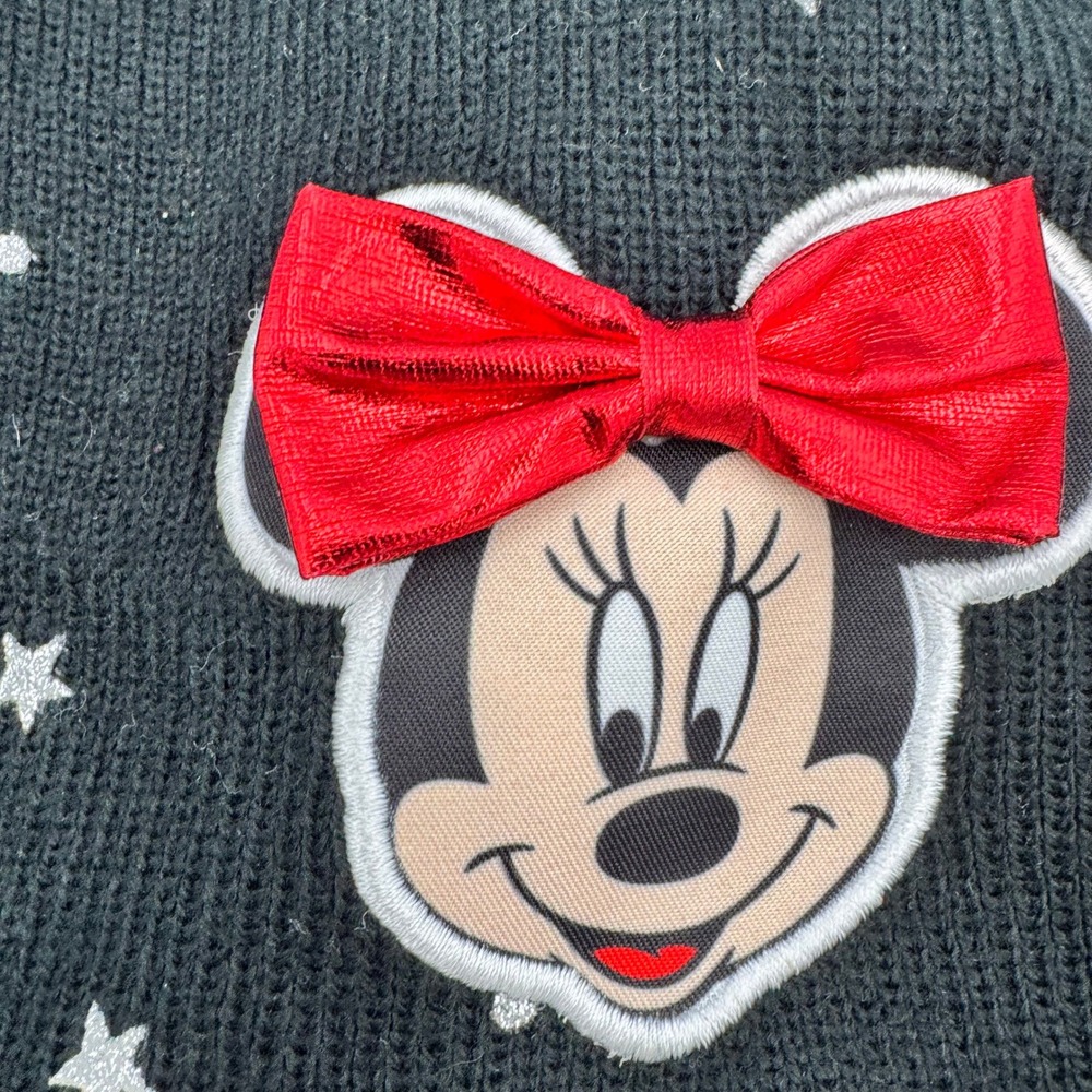 Kids Girls Disney Minnie Mouse Winter Beanie Hat Black Red Stars Pom Pom Braids - Picture 4 of 9